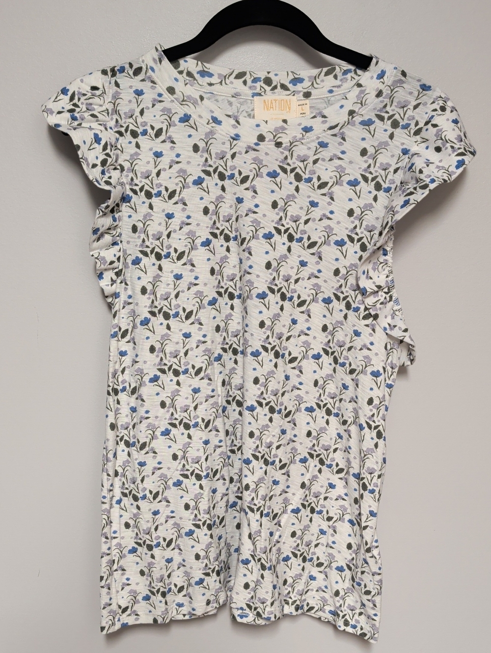 Nation LTD White Floral Ruffle Sleeve Tee with Blue Accents